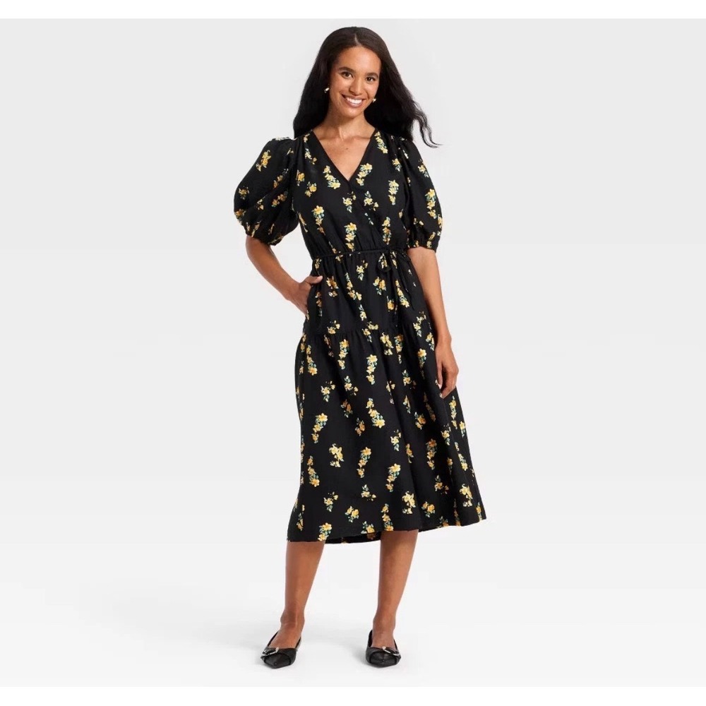 A New Day Women Black Yellow Floral Puff Sleeve Tiered Midi Dress Size M NWT